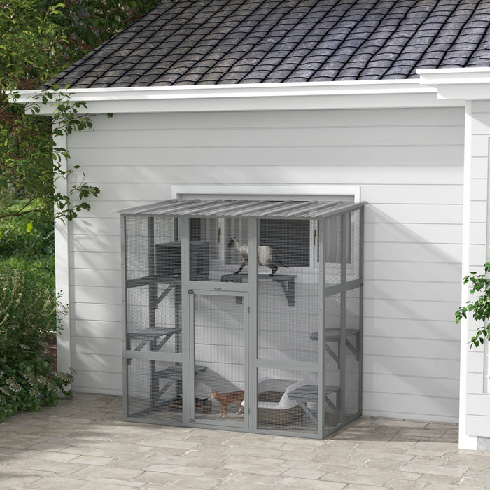 Pawhut Catio Outdoor Cat Enclosure, Wooden Outdoor Cat House Window Box With Weatherproof Roof, Bridge, Resting Box, Platforms, Cat Cage For 2 Kittens, Grey