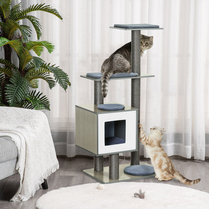 Pawhut 47\" Wood Cat Tree, Cat Condo Tower With Scratching Post, Toy Ball, Grey
