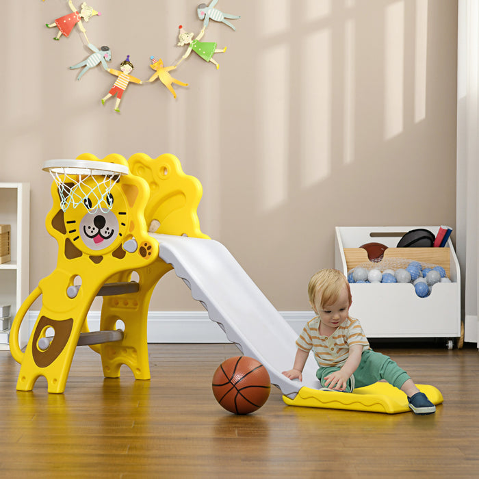 Qaba 2 In 1 Toddler Slide For Indoor, Easy Set Up Kids Slide Playset With Basketball Hoop For 18-36 Months, Lion-designed Indoor Slide, Yellow