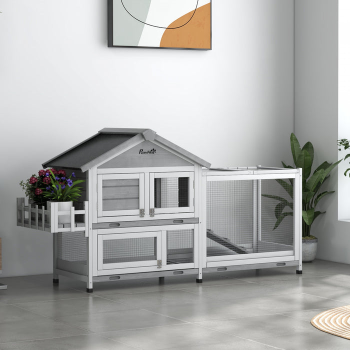 Pawhut 65\" Wooden Rabbit Hutch, Pet Playpen With Openable Roof, Bunny House Enclosure With Storage Box, Ramp, Slide-out Tray, For Rabbits And Small Animals - Grey