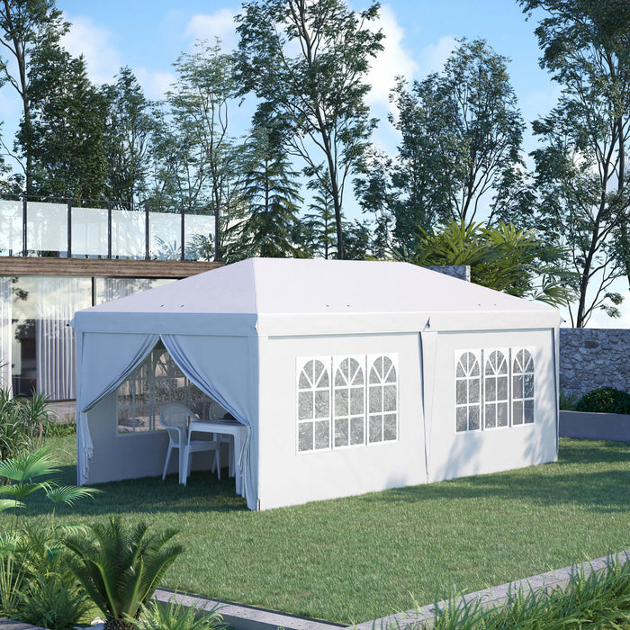 Outsunny 10' X 20' Pop Up Canopy With 6 Walls, Outdoor Easy Up Canopy Party Tent With Steel Frame, Drainage Holes, Instant Garden Shade Shelter With Carrying Bag, White