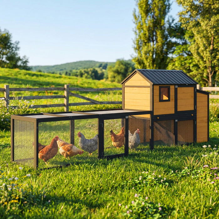 PawHut Large Chicken Coop, 134\"L Wooden Chicken House with Run, Nesting Box, Slide-Out Tray, Waterproof Roof and Ramp, Hen House Rabbit Hutch for 4-6 Hens, Rabbits, Yellow