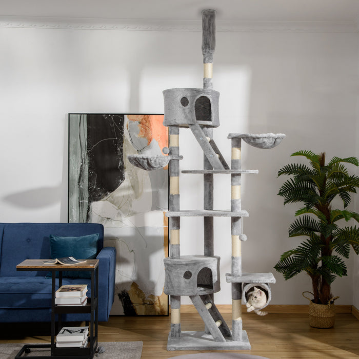Pawhut 94\"-102\" Huge Cat Tree Ceiling High Cat Condo Scratching Post Activity Center Multi-level Play House Light Grey