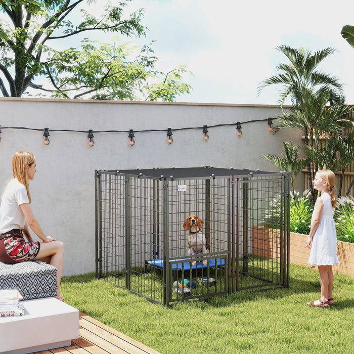 Pawhut Dog Run Outdoor, Welded Wire Outdoor Dog Kennel With 4 Levels Adjustable & Rotatable Dog Bowls, Sun-shade Cover, Secure Lock, For Small And Medium Dogs, 4.6' X 4.6' X 3.7'