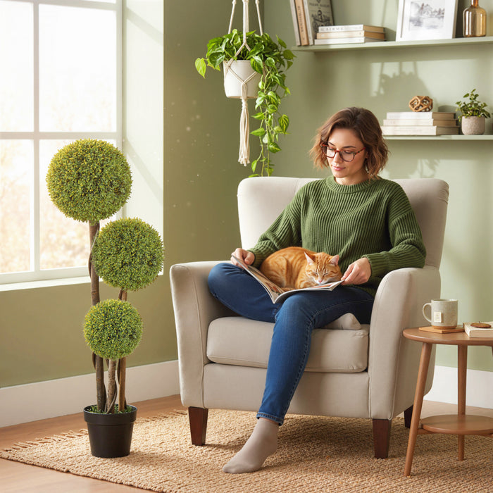 HOMCOM 45 Inch Artificial Boxwood Triple Ball Topiary Tree Set of 2, Green