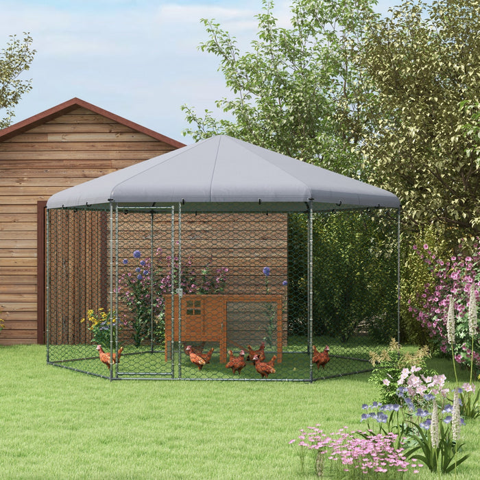 Pawhut 13.1' X 11.4' Chicken Coop, Large Chicken Run With Cover For Outdoor Backyard, Metal Poultry Cage For 10-15 Chickens, Rabbits, Ducks, Silver