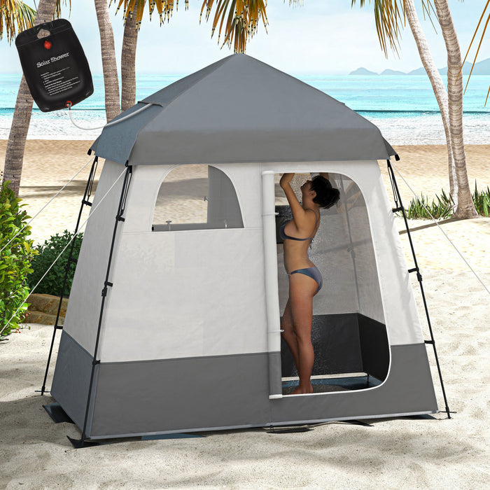 Outsunny Two Room Pop Up Shower Tent W/ Shower Bag, Floor, Carry Bag, Dark Grey