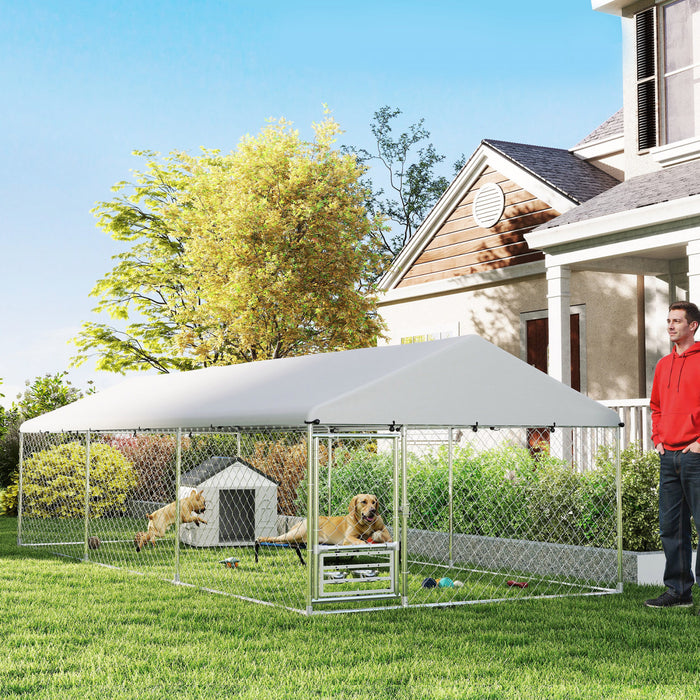 Pawhut Outdoor Dog Kennel With Roof, Heavy Duty Dog Run Outdoor Fence Cage With Adjustable & Rotating Bowls, Waterproof Uv-resistant Cover, Secure Lock, 19.7' X 7.5' X 5.2'