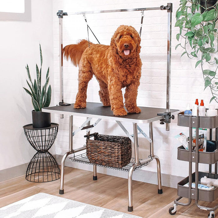 Pawhut Adjustable Dog Grooming Table Rubber Top 2 Safety Slings Mesh Storage Basket Heavy Metal Black 42.25\"x 23.5\" X 67\"