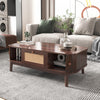Grain 43.5 Inch Rattan Coffee Table with Sliding Doors, Drawers and Solid Wood Legs, Wood | Grain Table Basse en Rotin 43.5 po avec Portes Coulissantes, Tiroirs et Pieds en Bois Massif, Bois
