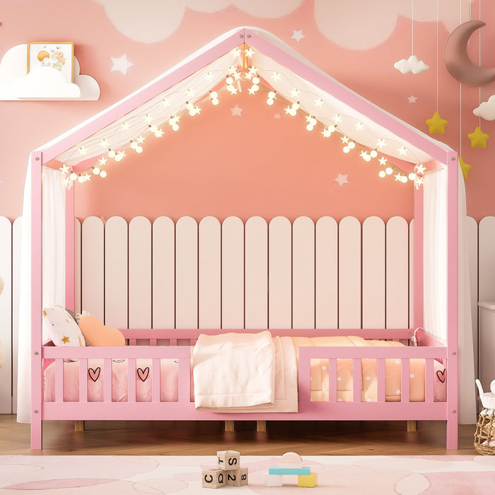 Paul Montessori Floor Bed with Canopy and High Railings,Full Size, Pink Full Bed