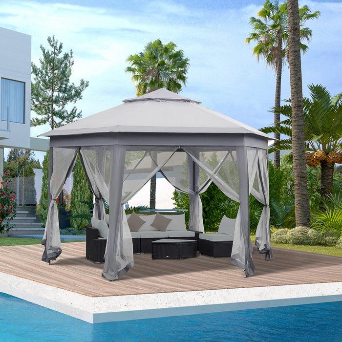 Outsunny 13' X 13' Pop Up Canopy Tent With Netting And Carry Bag, Instant Sun Shelter, Hexagon Tents For Parties, Outdoor, Garden, Patio, Grey