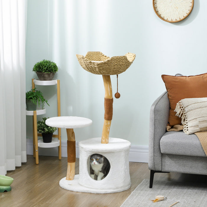 PawHut 40\" Cat Tree for Indoor Large Adult Kittens, Real Wood Cat Tower with Sisal Scratching Posts, Condo, Perch, Plush Washable Cushion, White