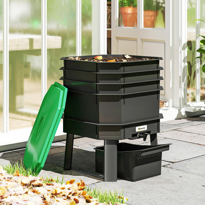 Outsunny 4-Tray Worm Composter Bin, 7.4Gal Outdoor Indoor Worm Composter, Farm Starter Kits for Vermicomposting Starter, Garden Composting Bin for Recycling Food Waste, Dark Green