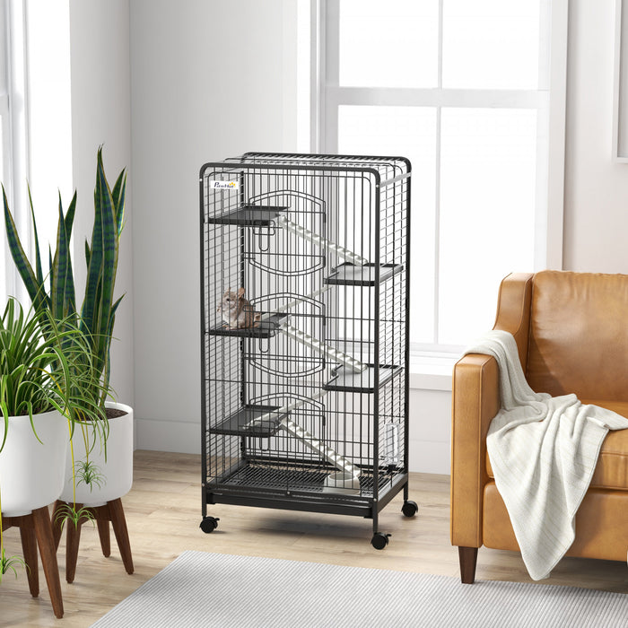 Pawhut 6-tier Small Animal Cage Pet Playpen For Rabbit Ferret Chinchilla On Wheels With Removable Tray Platform Ramp Food Dish Water Bottle, 25\" X 17\" X 52\"