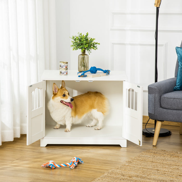 Pawhut 29.5\" Wooden Dog Cage With Windows, End Table Furniture Style, Modern Pet Kennel With Lockable Doors Elevated Base For Small And Medium-sized Dogs, White