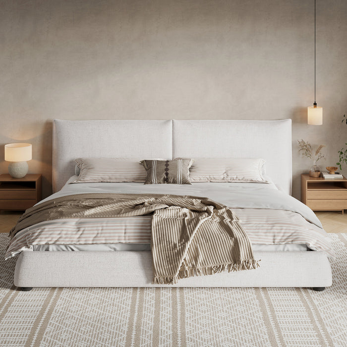 Mason Linen Blend Upholstered Platform Bed Pillow-Back Headboard,King Size,White King Bed