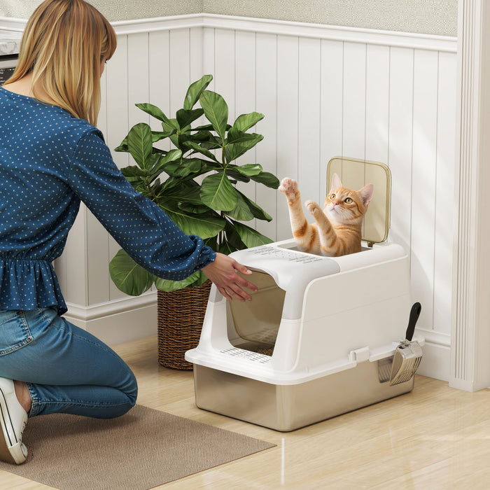 Pawhut Stainless Steel Litter Box With Lid, Enclosed Kitty Litter Box With High Sided, Front-entry And Top-exit, Scoop, Deodorizer Bag, Non-sticky And Easy To Clean, For Big Cats