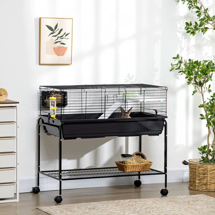 PawHut Small Animal Cage, 36.5\" Rolling Guinea Pig Cage with Detachable Stand, Water Dispenser, Food Dish, Ramp, Wheels, for Rabbit, Bunny, Ferret, Chinchilla, Dark Grey