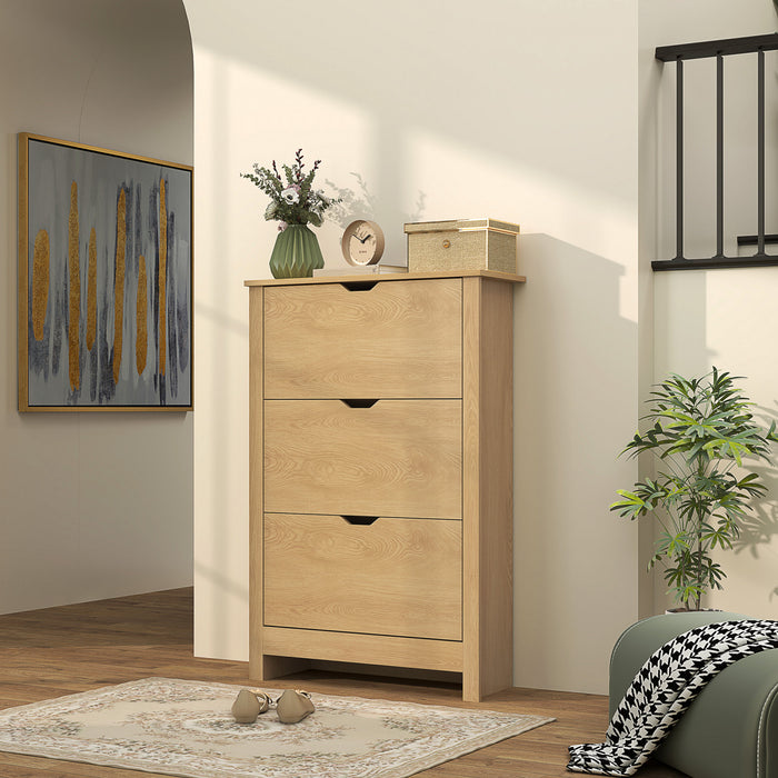 HOMCOM Narrow Shoe Cabinet with 3 Flip Drawers Adjustable Shelves, Natural