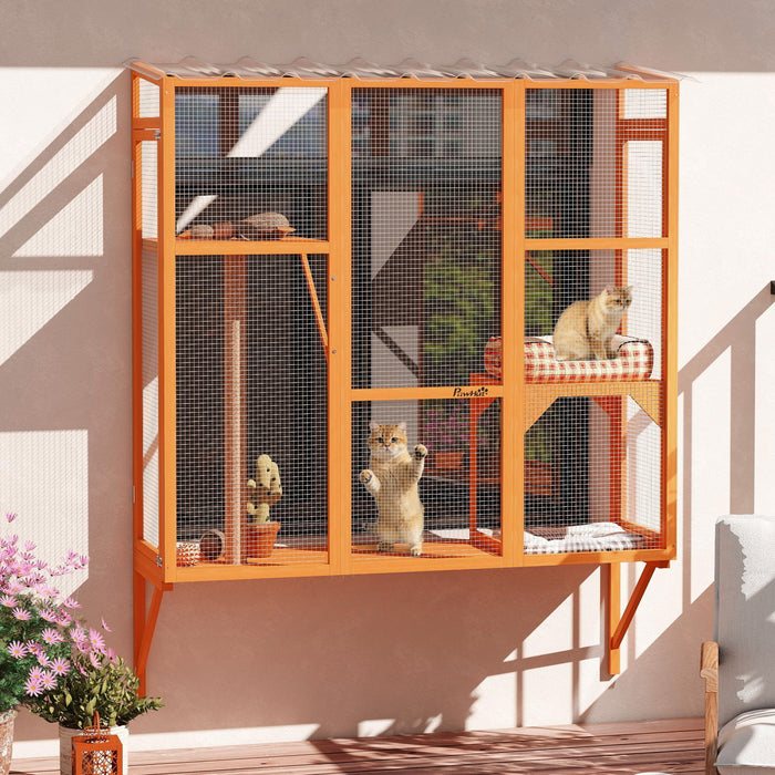 PawHut Catio Outdoor Cat Enclosure, Cat Window Box for 2-3 Cats with 2 Jumping Platforms & Scratching Post, Expendable Secure Window Perch House for Large Indoor Cats, Orange