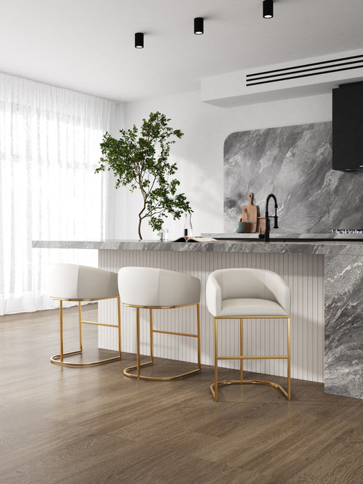 Louvre Mid-Century Modern Metal Upholstered Barstool in Cream - Set of 3