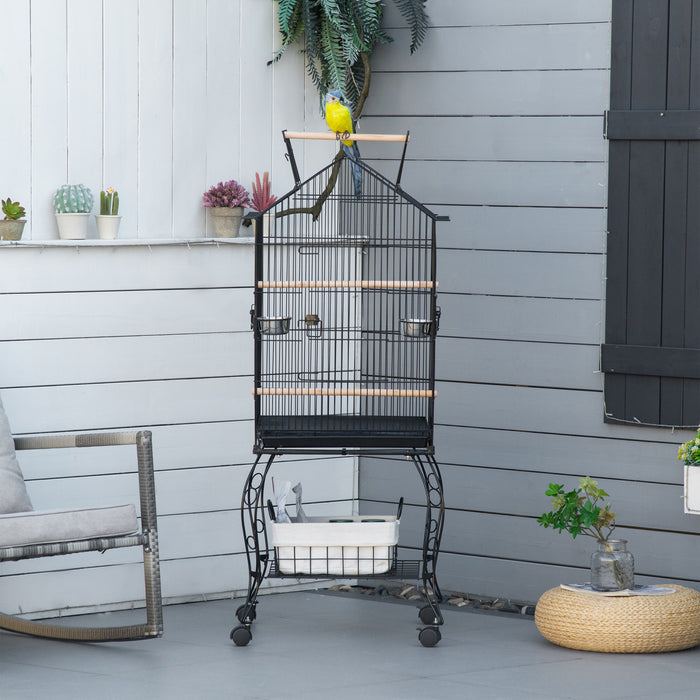 Pawhut Bird Cage 57 Inch Flight Cage For Cockatiel, Conure With Rolling Stand, Pull Out Tray, Storage Shelf, Open Top, 0.75\" Bar Spacing