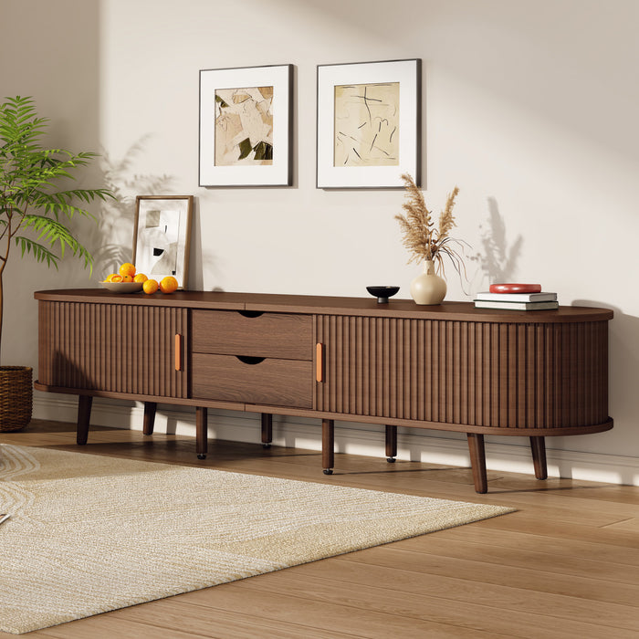 Ethan Oval TV Stand Media Console with Sliding Doors and Drawers,Dark Oak