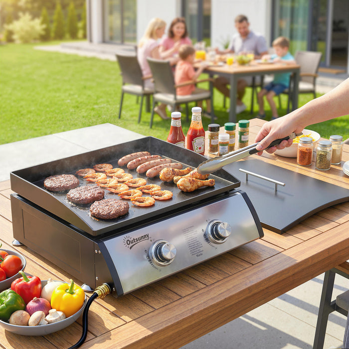 Outsunny Liquefied Gas Grill with 2 Stainless Steel Burners, Portable Tabletop Gas BBQ with Non-Stick Griddle, 9000 Each Burner for Camping, Picnic, Backyard, Silver