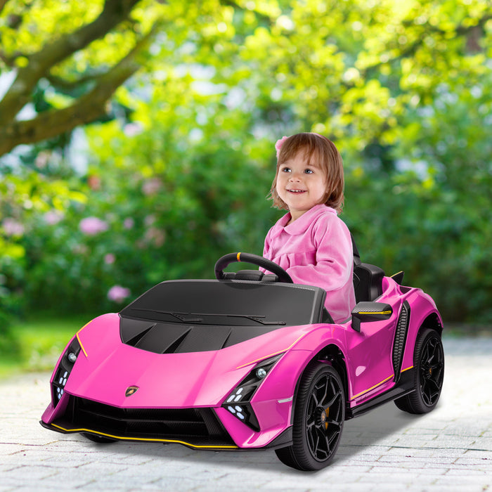 Qaba 12v Electric Car For Kids, Battery Powered Ride-On Lamborghini Autentica Licensed Kids Car With Butterfly Doors, Remote Control, 4 Wheels Spring Suspension, Soft Start, Lights, Pink