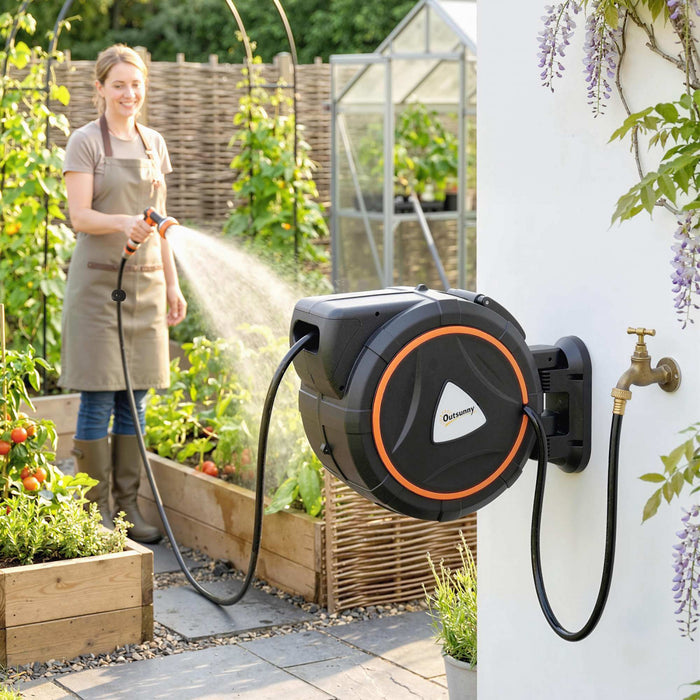 Outsunny Retractable Garden Hose Reel, 1/2\" x 75.5ft Wall Mounted Hose Reel with 12-Pattern Nozzles, Auto Retraction, Self-Locking, Slow Return System, 180° Swivel Bracket