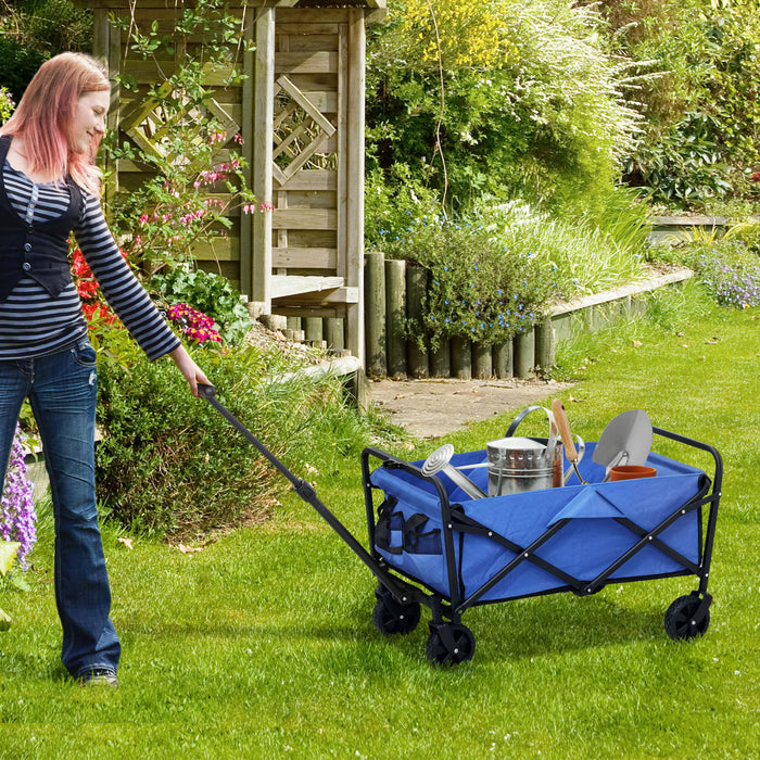 Outsunny Collapsible Folding Wagon Cart, Heavy Duty Outdoor Utility Garden Cart with Universal Wheels and Adjustable Handle for Sports, Camping, Shopping, Blue