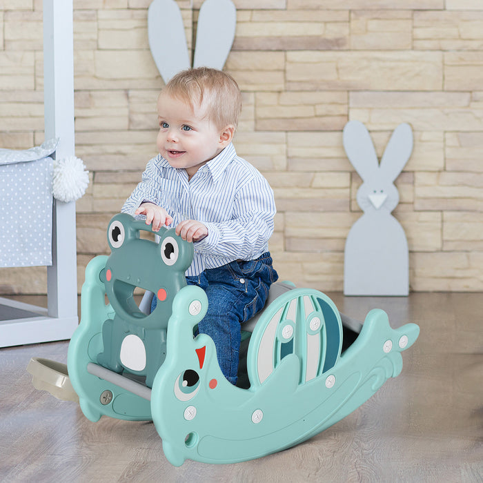 Qaba 3-in-1 Kids Slide And Rocking Horse Dual-use Children Activity Equipment Portable Slide Indoor Outdoor Playground Toy W/ Basketball Hoop Toddler Birthday Gift, Age 1.5-3, Green