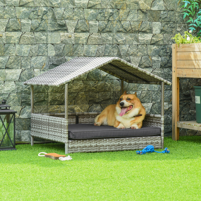 Pawhut Elevated Rattan Dog House Outdoor With Canopy, Wicker Dog Bed With Water-resistant Cushion, For Small And Medium Dogs Dark Grey
