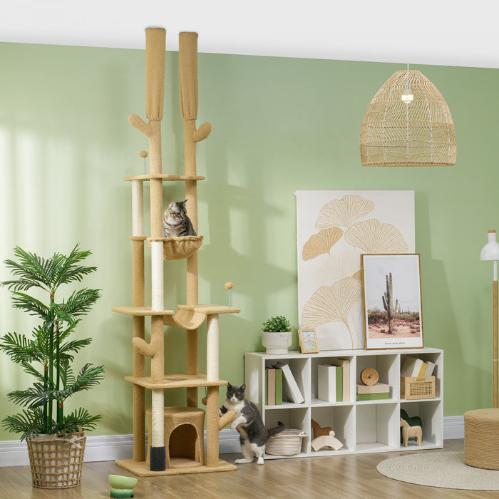 Pawhut Floor To Ceiling Cat Tree, 89\"-100\" Adjustable Height Cat Tower For Large Cats With Scratching Posts, Grooming Brush Post, Cat Condo, Perches, Hammocks, Balls, Brown