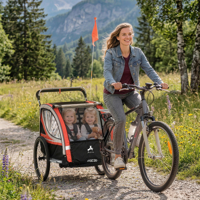 Aosom Baby Bike Trailer for Kids 2 Seater, 3-in-1 Walk/Jog/Ride High-Visibility Bike Stroller for Toddler Wagon, Weather-Strong Double Bicycle Trailer Accessory for Kids, Red