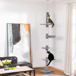 Pawhut 8.5ft Cat Climbing Tree 5-tier Kitty Activity Center Floor-to-ceiling Cat Climber Toy With Scratching Post Play Rest Post Pet Furniture Grey