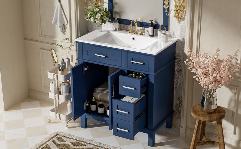 Savannah 30 Inch Bathroom Vanity with Ceramic Sink and Spacious Storage Cabinet, Navy Blue