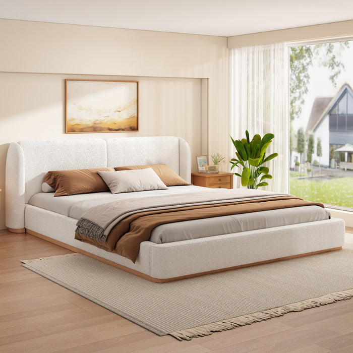 Lucas Low Profile Platform Bed Boucle Upholstered Wingback Headboard,King Size ,White King Bed