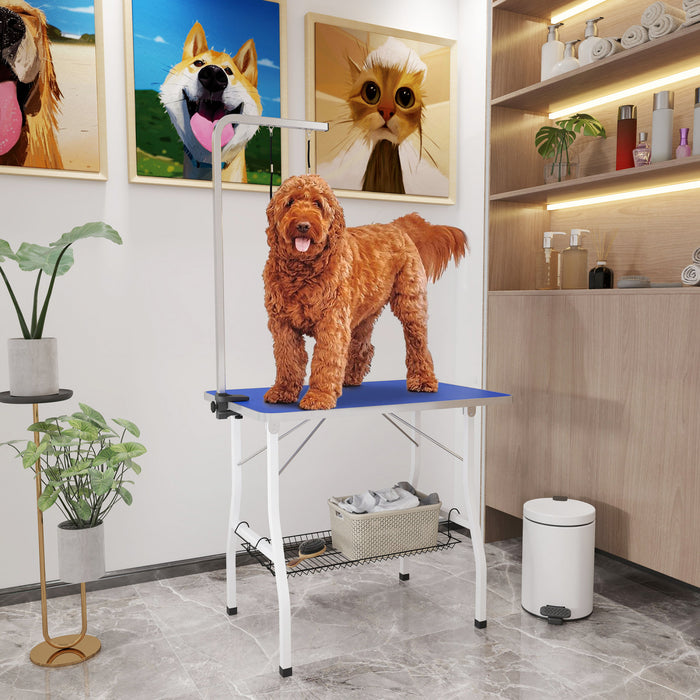 Pawhut 35in Dog Grooming Table With Adjustable Arm, Foldable Pet Grooming Table With Mesh Tray, Two Nooses, Rubber Surface, 35\" X 24\" X 61\", Blue