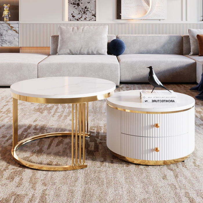 Thomas 27.6\" Modern Round Coffee Table With 2 Storage Drawers, White