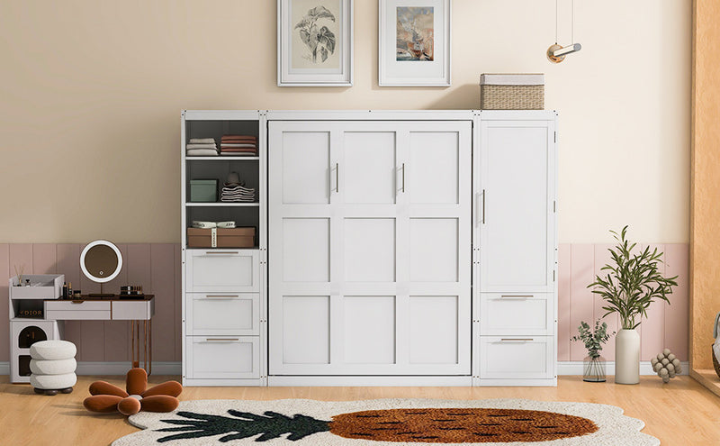 Angela Engineered Wood Murphy Wall Bed With Drawers And Shelves, Queen Size, White