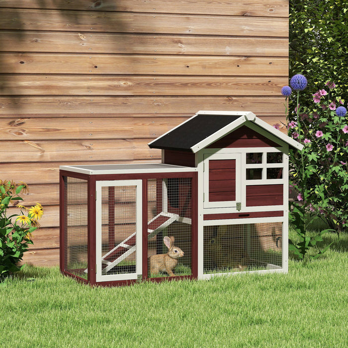 Pawhut 48\" Weatherproof Wooden Rabbit Hutch With Slant Roof And Screened Outdoor Run, Brown