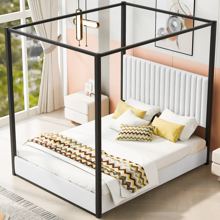Sophia Upholstery Canopy Platform Bed with Foam Headboard and Velvet,Queen Size,Black Queen Bed
