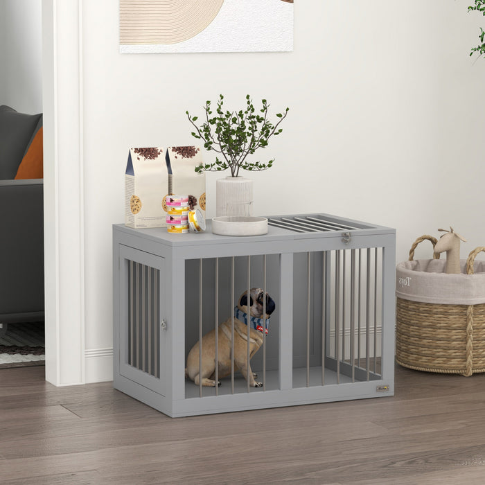 Pawhut Dog Crate Furniture, 31.5\" Dog Kennel Furniture Side End Table With Double Doors, For Medium Dogs, Grey
