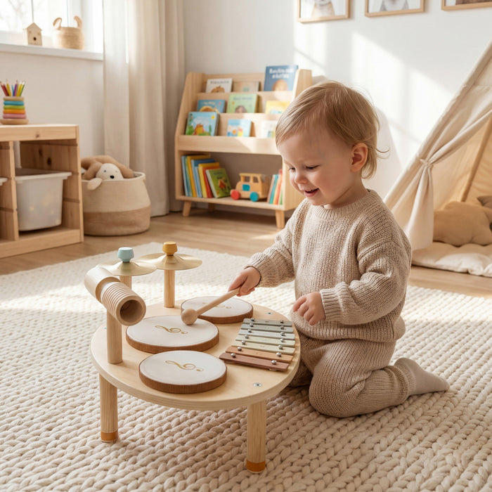 Qaba Toddler Drum Set, 4-in-1 Musical Instruments for Kids, Montessori Educational Toys with Drums and Xylophone for Ages 2+, Gifts for Girls Boys Birthday, Natural Wood