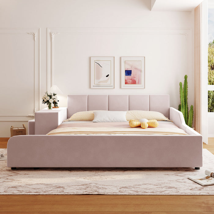 Lily Velvet Upholstered Grounded Bed with Desk and Stool,Queen Size,Pink Queen Bed