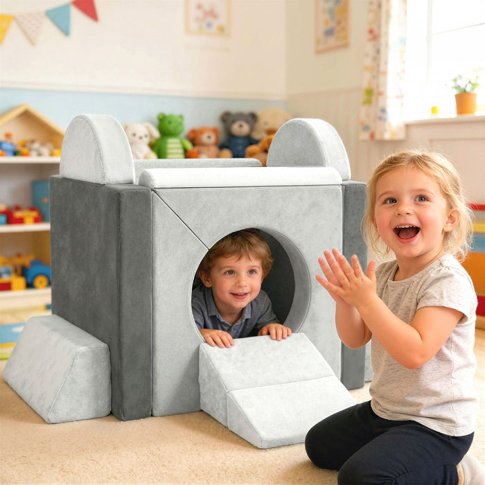 Qaba 12 PCS Modular Kids Play Couch, Child Sectional Sofa, Bedroom and Playroom Furniture for Toddlers, Convertible Foam and Floor Cushion for Boys and Girls, Grey