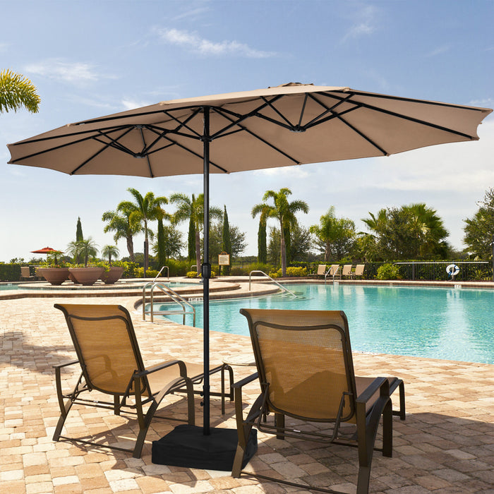 Costway 15FT Double-Sided Twin Patio Umbrella Outdoor Market with Crank & Base Brown