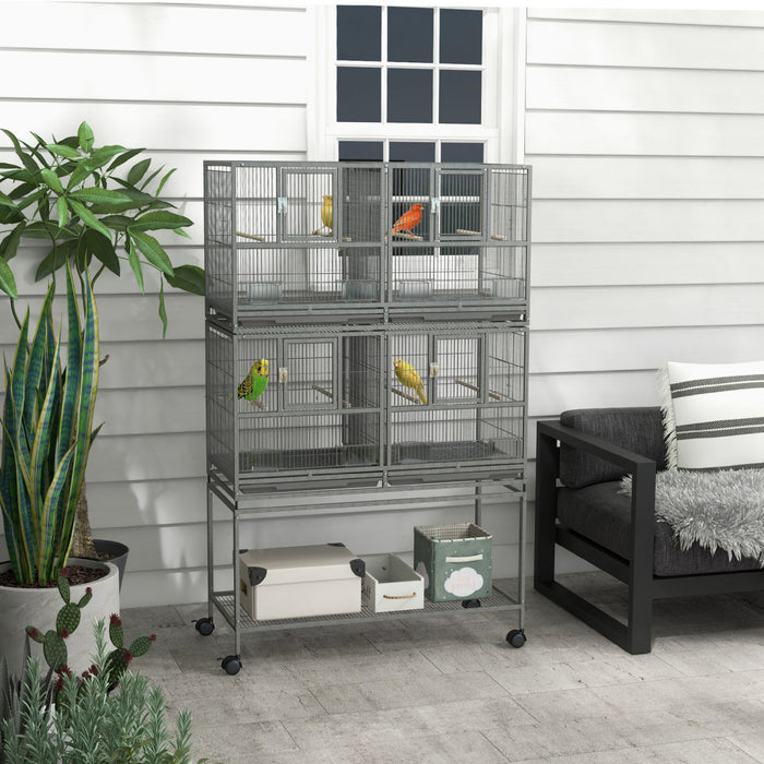 Pawhut 61 Inch Large Double Rolling Metal Bird Cage Bird House With Removable Metal Tray, Storage Shelf, Wood Perch, Food Container